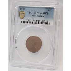 NEW ZEALAND 1967 . TWO 2 CENTS COIN . PCGS GRADE MS64